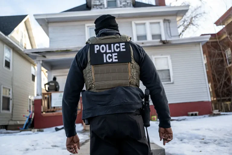 A federal law enforcement agent outside a home during a raid in south Minneapolis, Minnesota, on Tuesday, Jan. 13, 2026.Victor J. Blue—Bloomberg via Getty Images