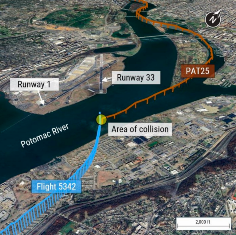 The paths of American Eagle Flight 5342 (blue) and a U.S. Army UH-60 Black Hawk helicopter (orange) that collided over the Potomac River near Washington Reagan National Airport on Jan. 29, 2025. (NTSB)