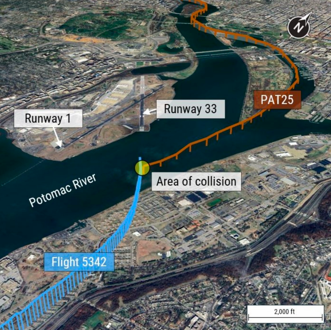 The paths of American Eagle Flight 5342 (blue) and a U.S. Army UH-60 Black Hawk helicopter (orange) that collided over the Potomac River near Washington Reagan National Airport on Jan. 29, 2025. (NTSB)