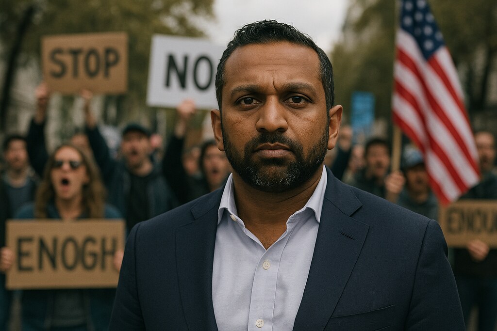 Kash Patel Amidst Protesters.