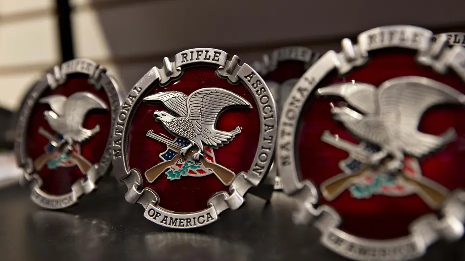 FILE - A National Rifle Association (NRA) logo hitch cover sits on display ahead of the NRA annual meeting in Dallas, Texas, U.S., on Thursday, May 3, 2018. Photographer: Daniel Acker/Bloomberg via Getty Images