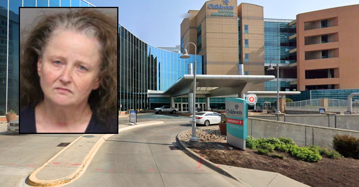 Inset: Angela Lowe (Lancaster County Department of Corrections). Background: Children's Nebraska hospital in Omaha, Nebraska, where the child was brought after authorities found him (Google Maps).