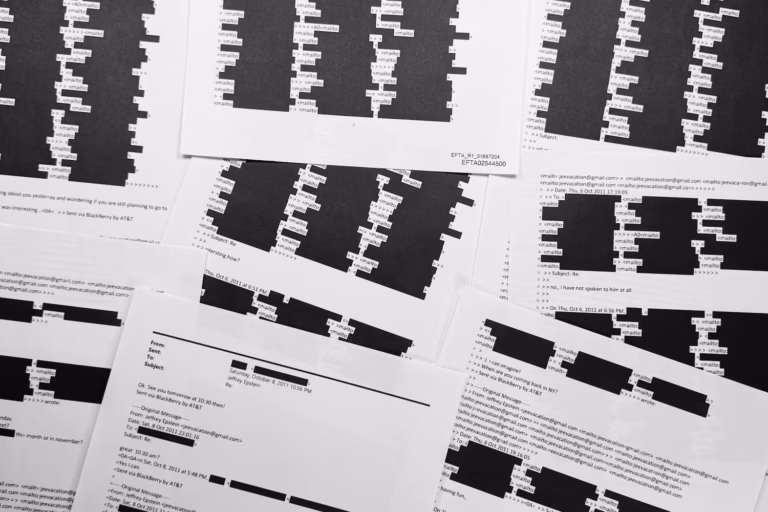 A document with an email chain from Jeffrey Epstein photographed Sunday illustrates the amount of redactions of personally identifiable information that the U.S. Department of Justice was required to do before release of Epstein documents.  Jon Elswick