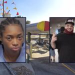 Inset left: Adiah Roberson (San Antonio Police Department). Inset right: Daniel Shrewsbury (Obituary). Background: The Sonic Drive-In where Roberson killed Shrewsbury in San Antonio, Tex. (Google Maps).