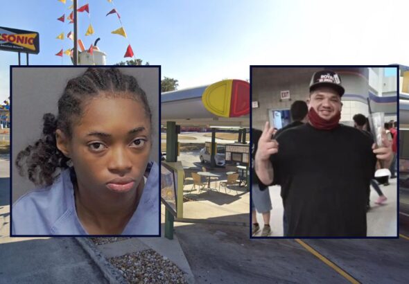 Inset left: Adiah Roberson (San Antonio Police Department). Inset right: Daniel Shrewsbury (Obituary). Background: The Sonic Drive-In where Roberson killed Shrewsbury in San Antonio, Tex. (Google Maps).