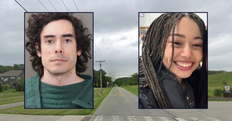 Inset, left to right: Tyler N. Thomas (Franklin County Jail) and Hailey Buzbee (Fishers Police Dept.). Background: The area in Indiana where Buzbee lived and was last seen alive (Google Maps).