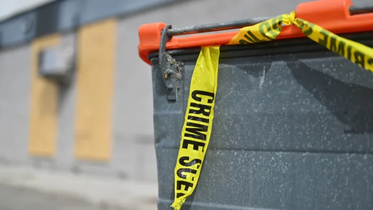 Trash can with police tape on it.Getty