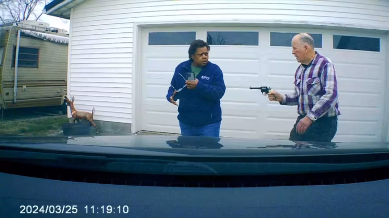 William Brock holds a weapon to Uber driver Lo-Letha Hall outside his home in South Charleston, Ohio, in March 2024, in this image taken from Uber dashcam video. (The Clark County Sheriff’s Office)
